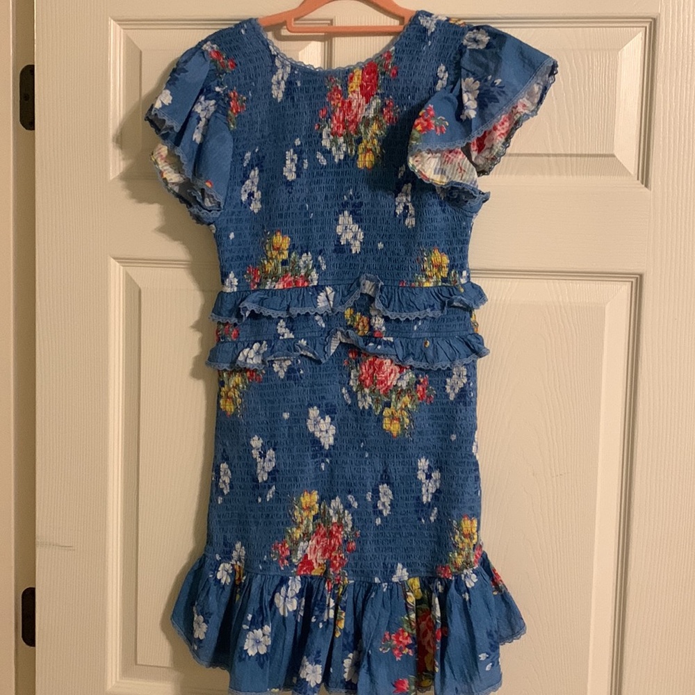 LoveShackFancy sz M never worn blue floral smocked dress ruffle trim - Picture 3 of 3